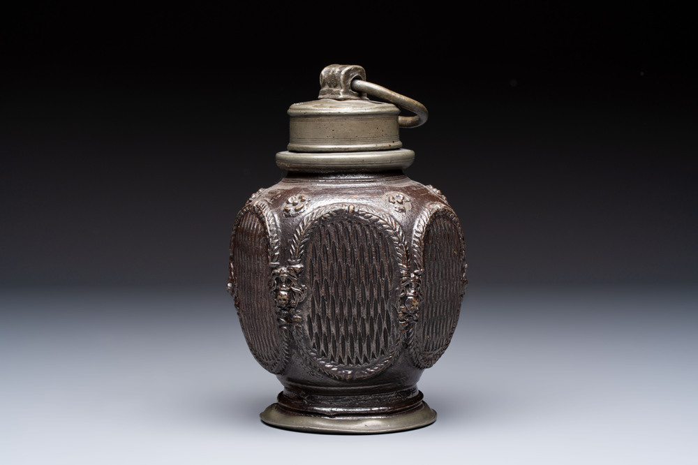 A stoneware pewter-mounted screw cap bottle, probably Muskau, Germany, 18th C.