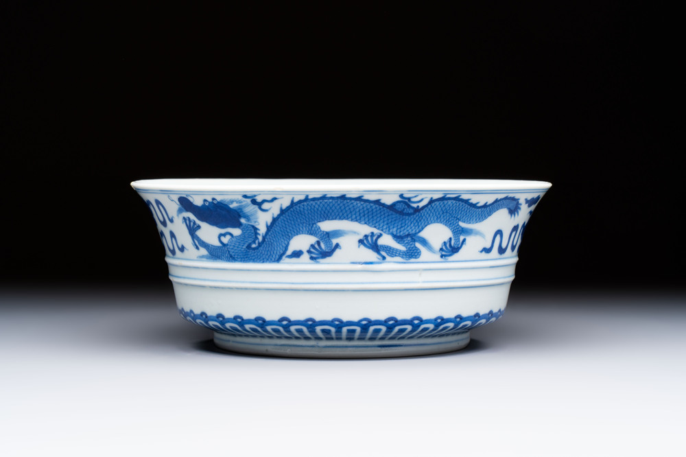 A Chinese blue and white 'Dragon' bowl, Xuande mark, 19th C.