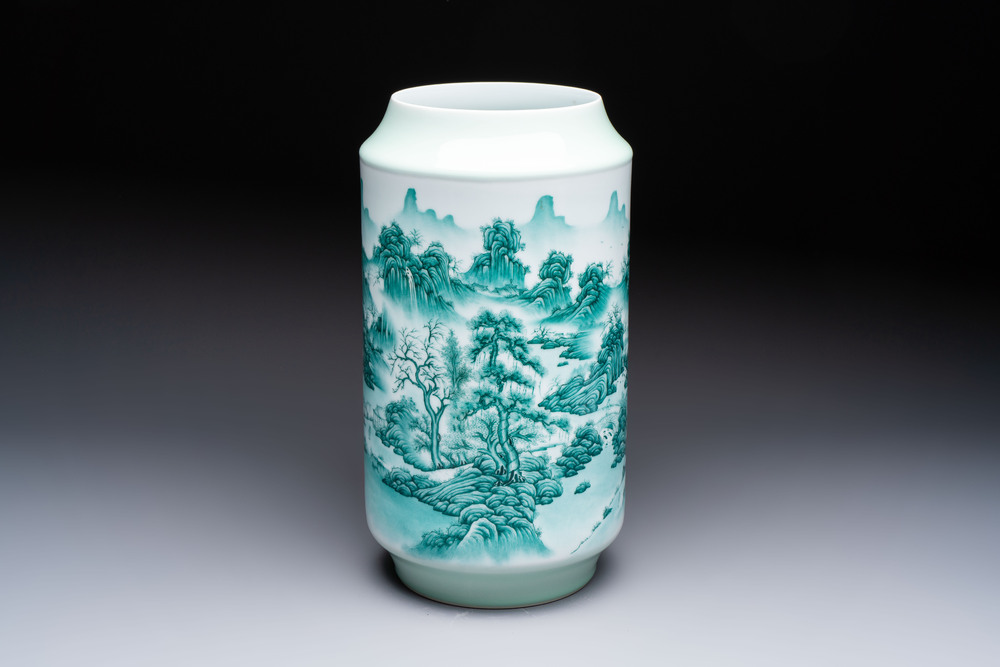 A fine Chinese green-enamelled vase with landscape design, Hui Yuan Tang Zhi 慧遠堂製 mark, dated 1943