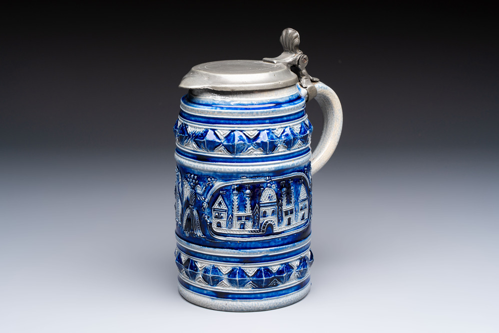 A Westerwald stoneware tankard with a mounted pewter lid, Germany, 18th C.