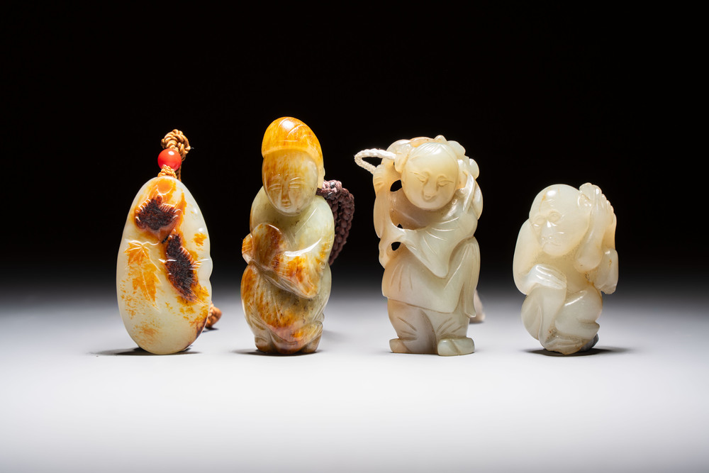 Four Chinese celadon and russet jade carvings, Qing
