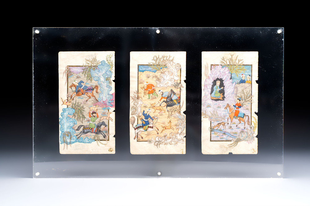 Three Mughal miniature 'Hunting scenes' paintings, 19th C.