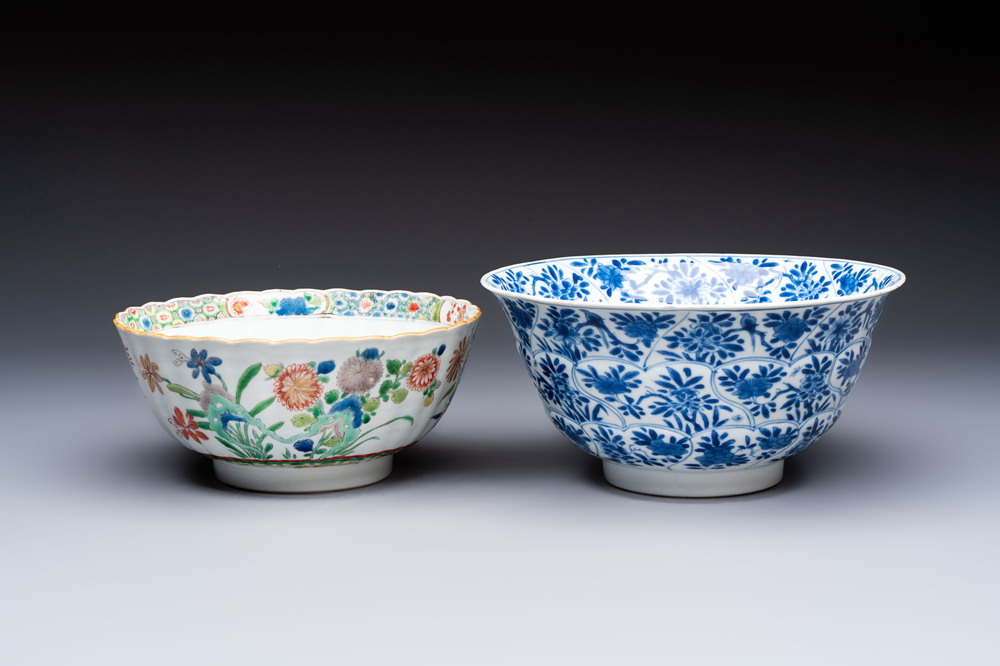 A Chinese blue and white bowl with floral design and a famille verte bowl, Kangxi
