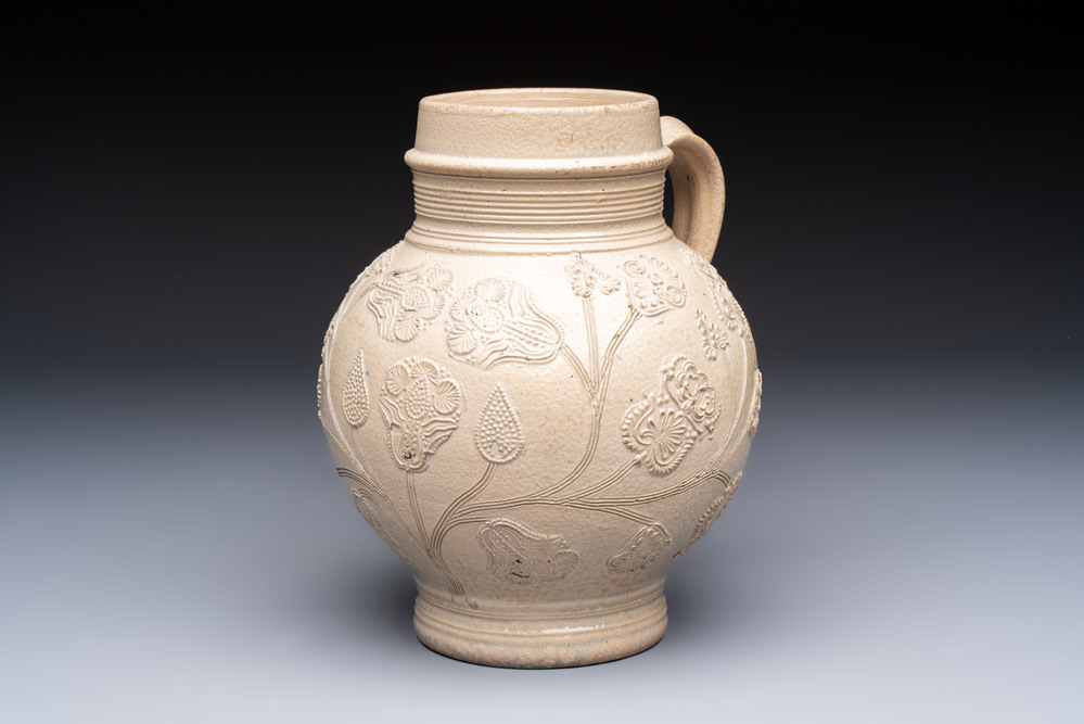 A Westerwald stoneware jug or 'Kugelbauchkrug' with floral design, Germany, 17/18th C.