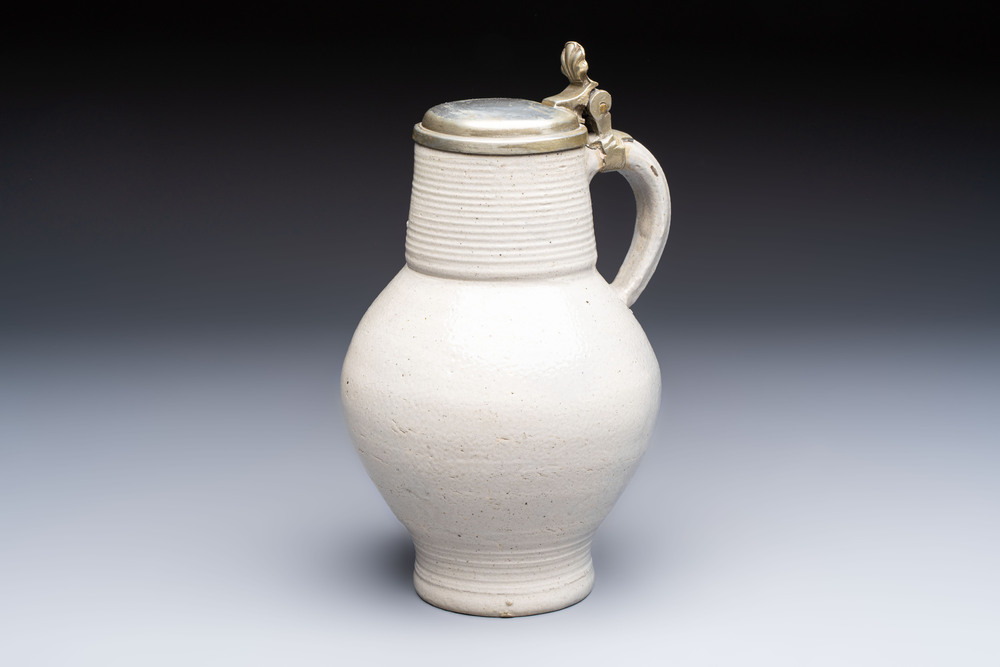 A pewter-mounted stoneware jug, Germany, 18th C.