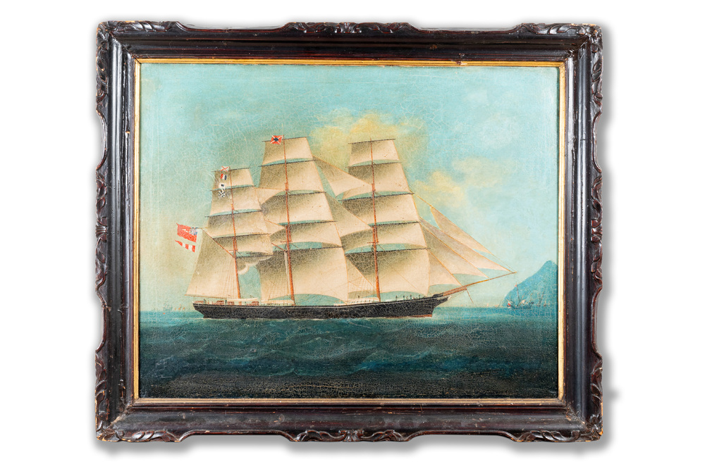 Canton school: 'A British Merchant Vessel at Sea', oil on canvas in original Chippendale-style frame, 1st half 19th C.