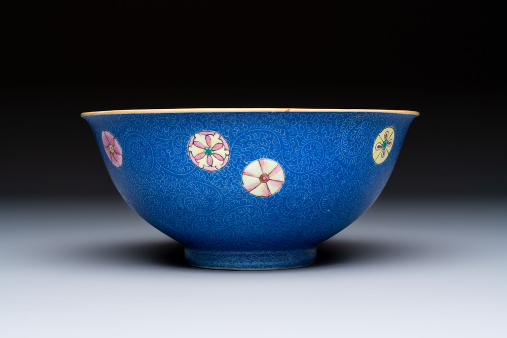 A Chinese famille rose blue-ground sgraffito bowl, Qianlong mark and of the period