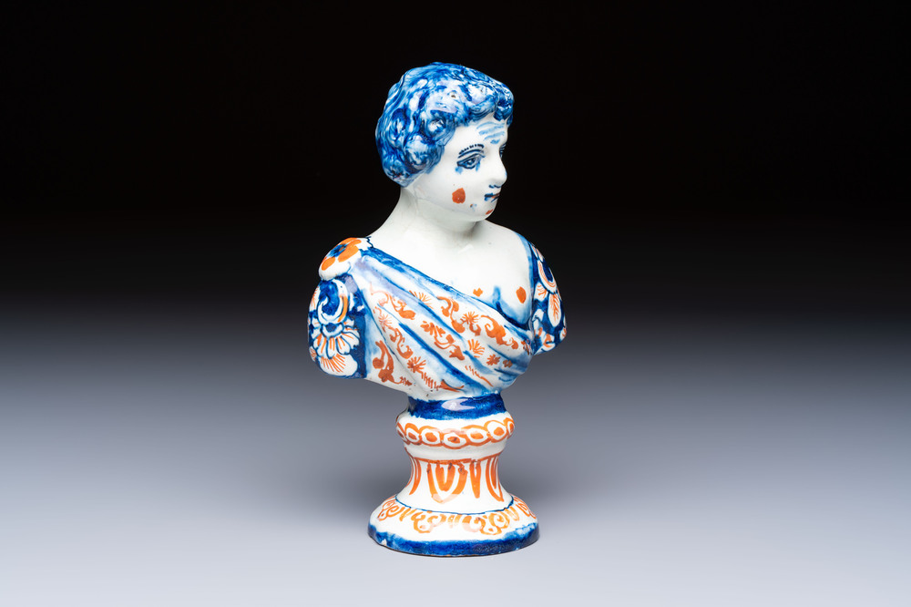A polychrome Dutch Delft male bust of a Roman emperor or general, early 18th C.