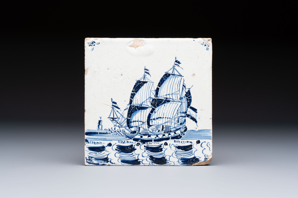 A large blue and white Dutch Delft 'Ship' tile, 17th C.