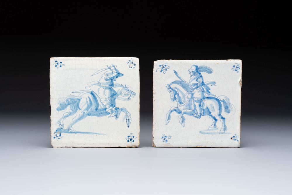 Two blue and white Dutch Delft 'Horsemen' tiles, 17th C.