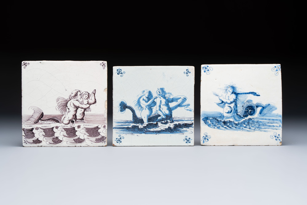 Two blue and white and one manganese Dutch Delft tile with sea creatures, 17th C.