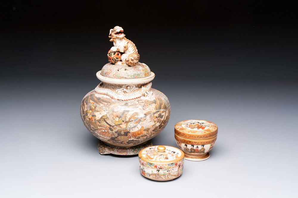 A Japanese Satsuma koro and two covered boxes, Satsuma yaki, Kusube and Hododa mark, Meiji, 19th C.