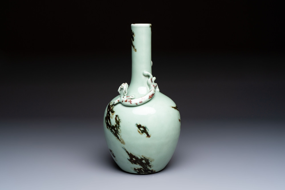 A Chinese 'Faux-Marble' celadon-ground vase with a copper-red-decorated chilong in relief, Qianlong mark and of the period