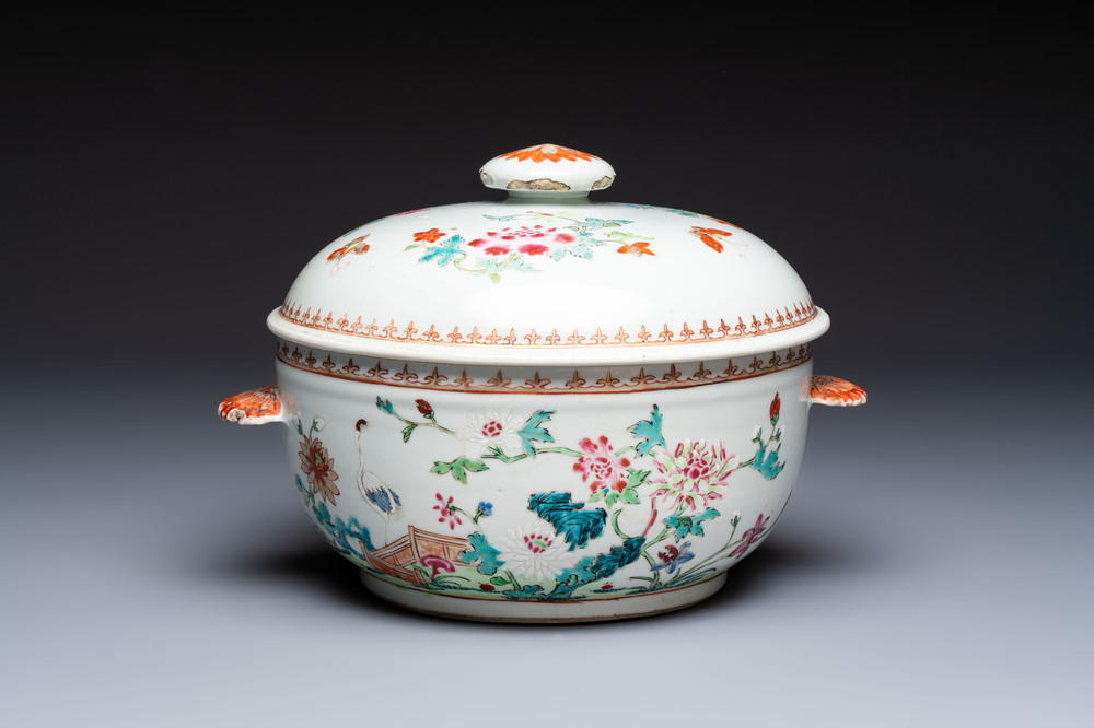 A Chinese famille rose &lsquo;Crane in a Garden&rsquo; tureen and cover, Qianlong