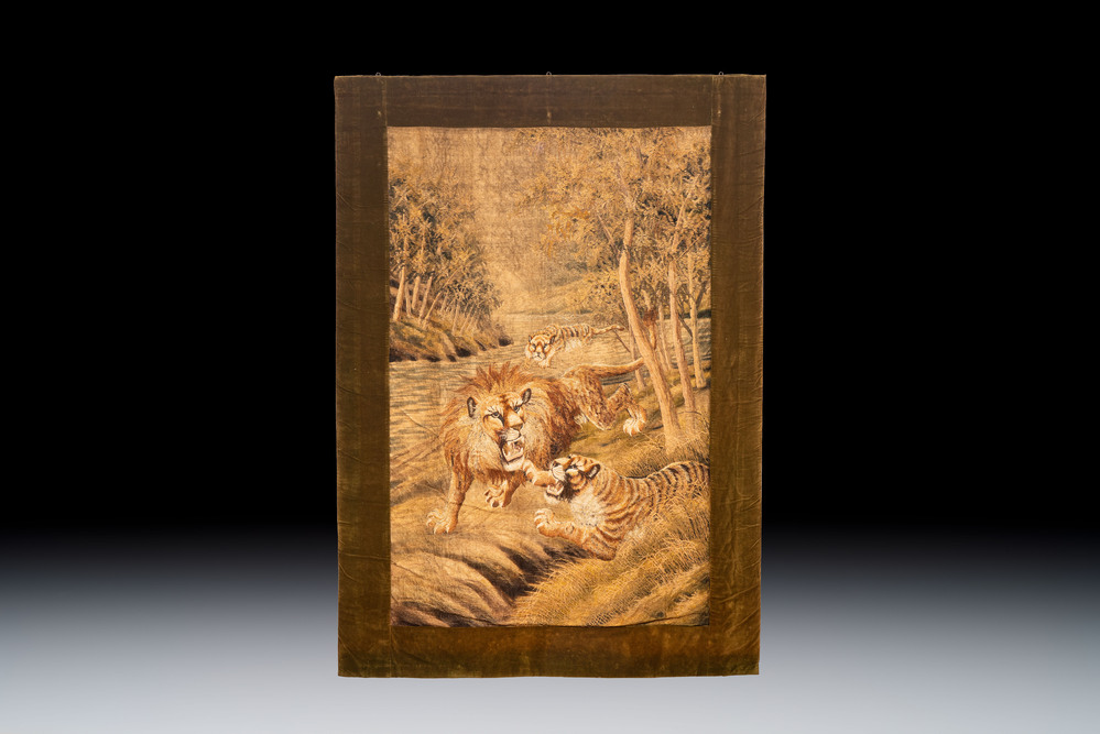 A Japanese embroidered silk panel with two tigers and a lion, Meiji, 19th C.