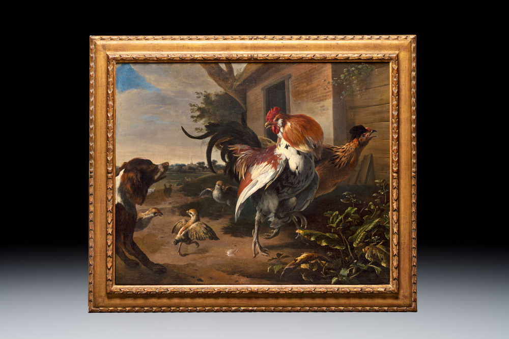 Melchior d'Hondecoeter (1636-1695): 'Poultry Startled by a Spaniel', oil on canvas, signed, 17th C.