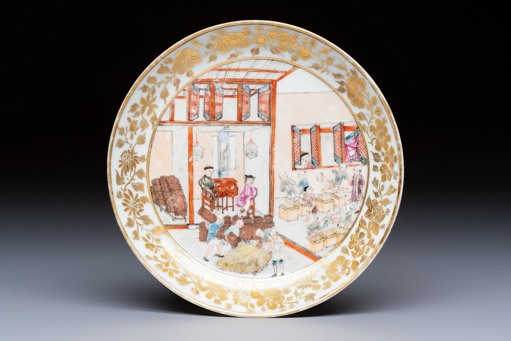 A very rare Chinese famille rose gilt-decorated 'Tea Packing' saucer, Qianlong, ca. 1745