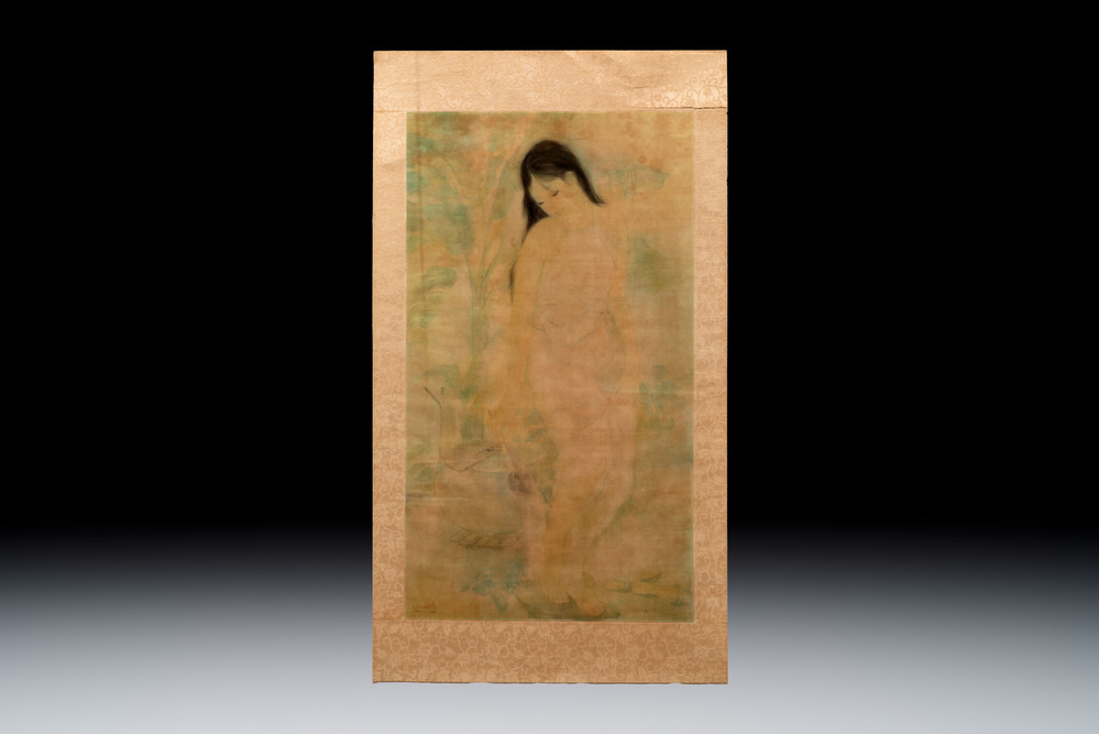 Attributed to Nguyen Gia Tri (1908-1993): 'Bather', ink and watercolour on silk, Tien Sa, dated 1st Jan. 1974