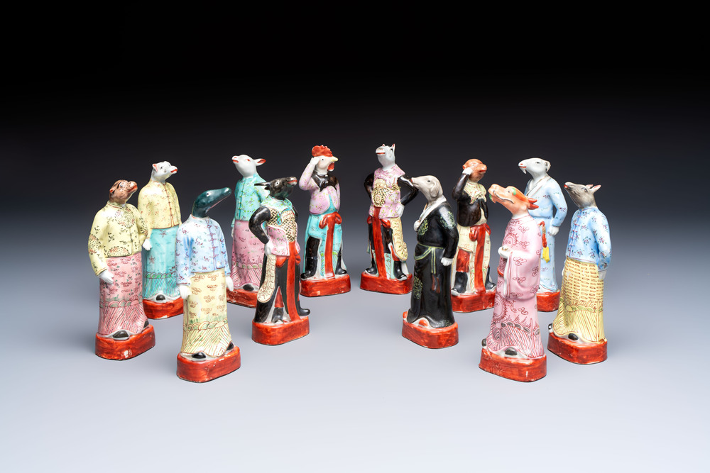An exceptional complete set of twelve Chinese famille rose zodiac figures, Ge Yi Tai Zao 戈益泰造 marks, Republic