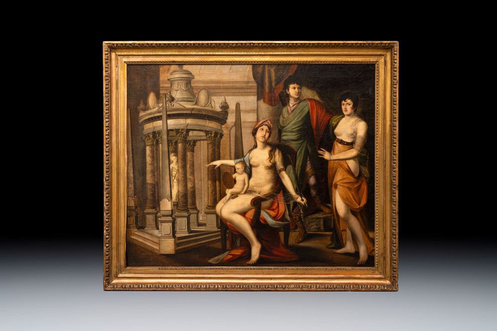 Circle of Jacques-Louis David (1748-1825): 'Amor &amp; Aphrodite at the Shrine of Athena', oil on canvas, dated 1818