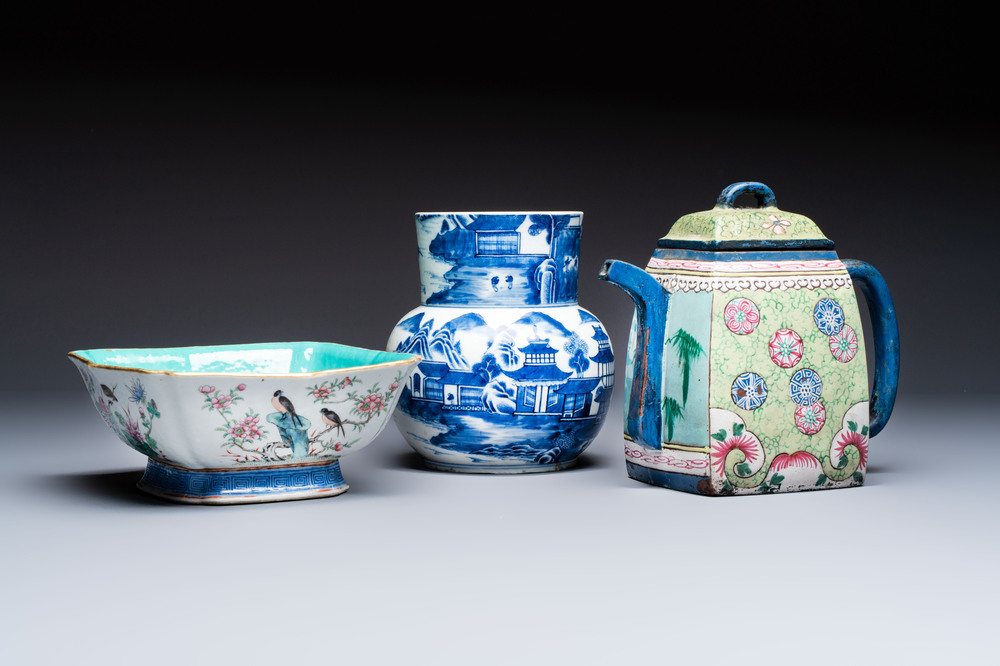 A Chinese famille rose tazza, a blue and white vessel and an enamelled Yixing stoneware teapot, 19th C.
