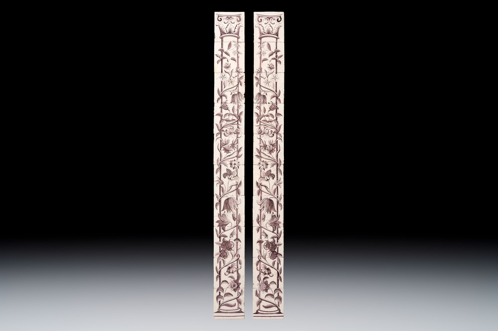 A pair of manganese Dutch Delft 10-piece tile pillars, 18th C.