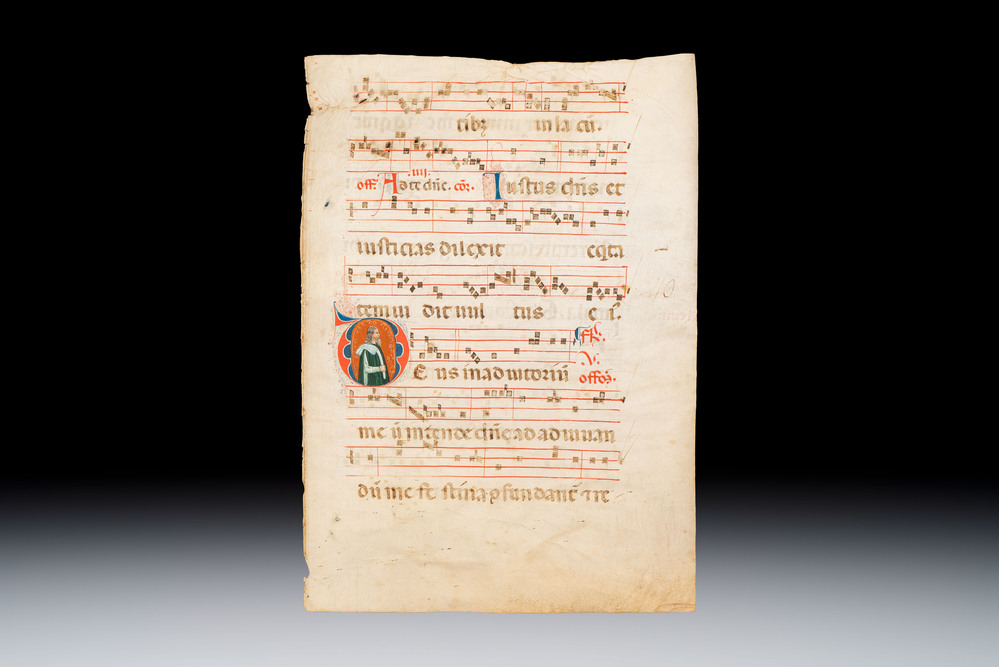 A medieval illuminated choir book leaf, possibly Italy, 13/14th C.
