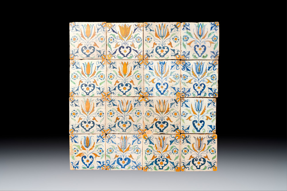 16 polychrome Dutch Delft 'Tulip Heart' tiles, 17th C.