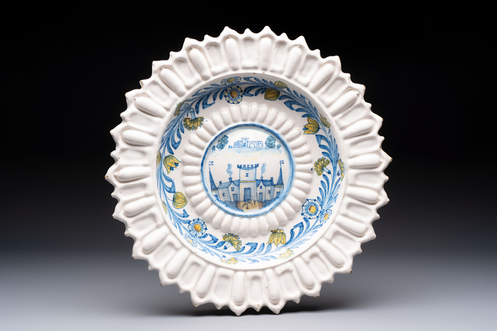 * A large polychrome French lobed 'Castle' dish, Saint-Jean-du-D&eacute;sert or Marseille, France, late 17th C.