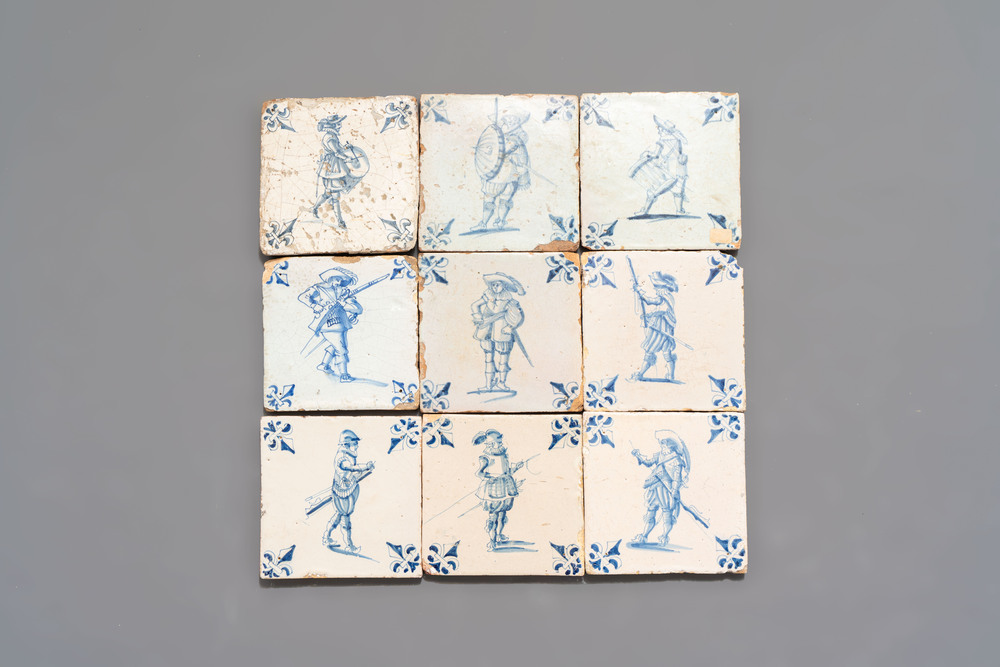 Nine blue and white Dutch Delft 'soldier' tiles, 17th C.
