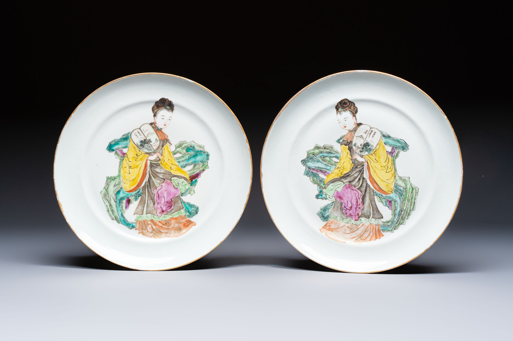 An unusual pair of Chinese Canton famille rose dishes, 19th C.