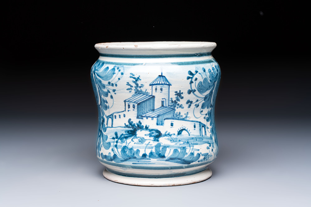 A blue and white Italian maiolica albarello, dated 1711