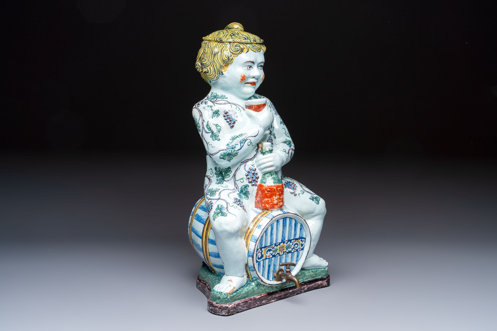 A massive polychrome French faience 'Bacchus' table fountain, Rouen, 18th C.