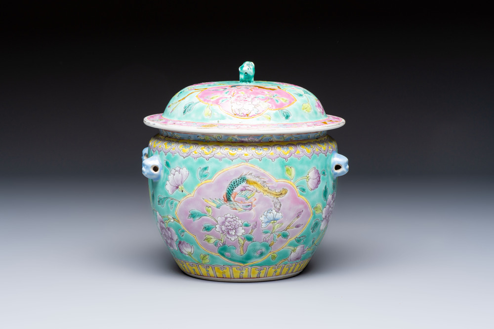 A Chinese famille rose turquoise-ground 'Kamcheng' bowl and cover for the Straits or Peranakan market, 19th C.