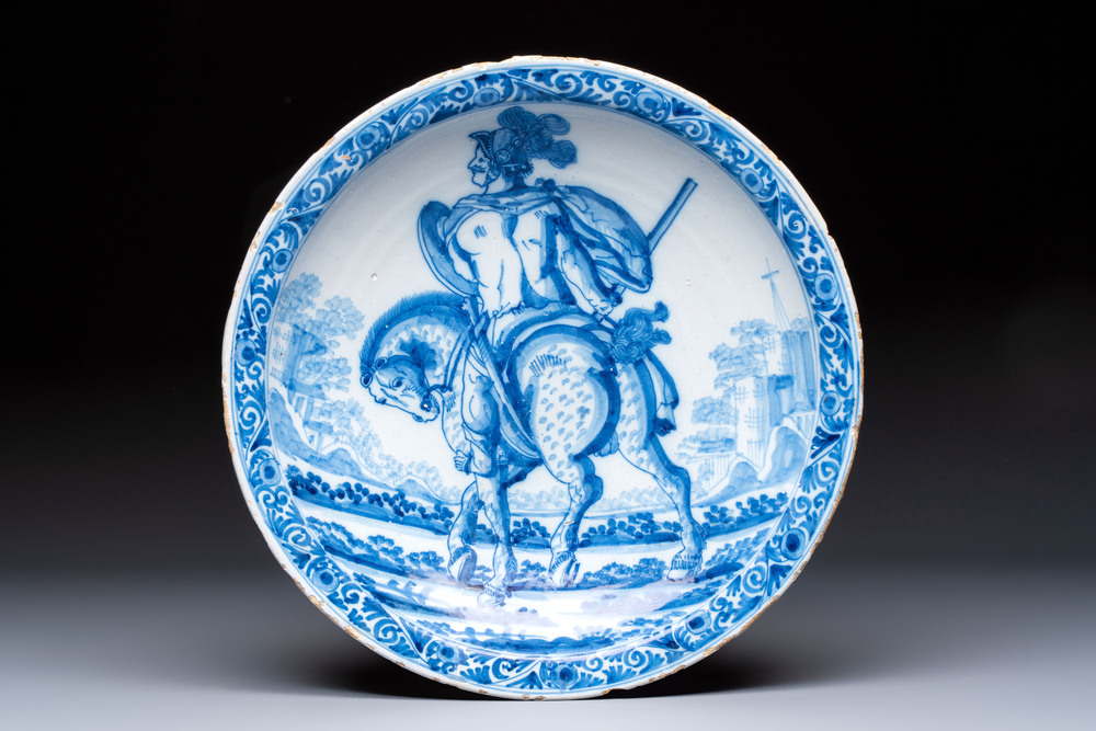 A blue and white Dutch Delft 'Titus Manlius' dish, after an engraving by Hendrick Goltzius, late 17th C.