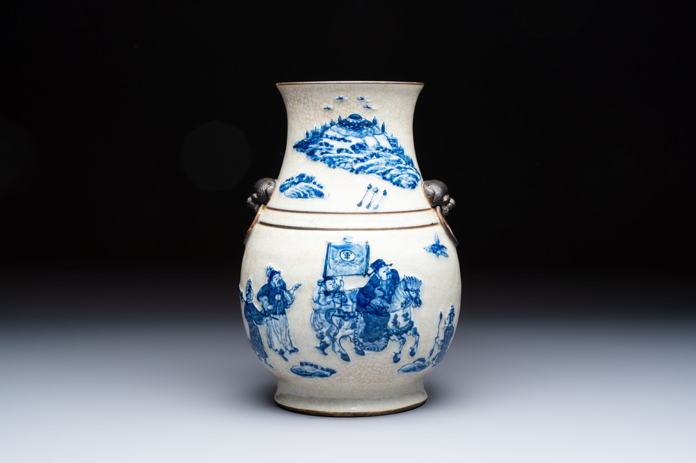A Chinese Nanking crackle-glazed blue and white 'Hu' vase with a deer hunting scene, Hongwu mark, 19th C.