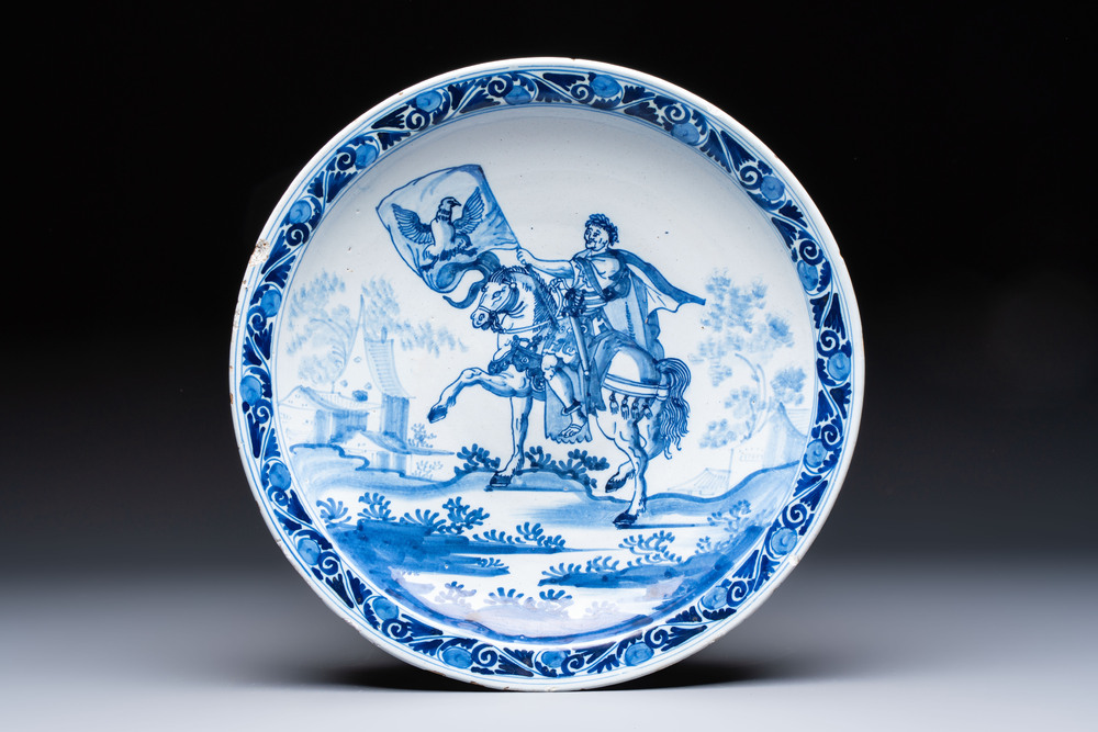 A blue and white Dutch Delft 'Julius Caesar' dish, after an engraving by Adriaen Collaert, early 18th C.