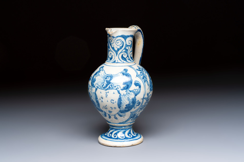 A rare blue and white Portuguese jug, dated 1630