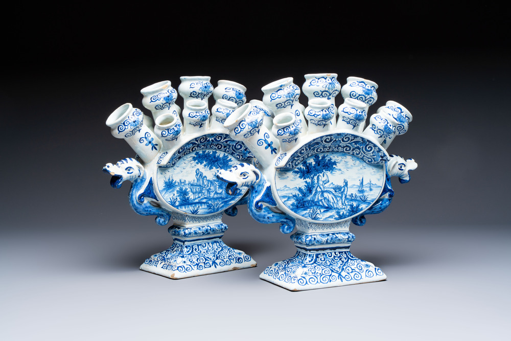 A pair of large blue and white Dutch Delft tulip vases, 19th C.