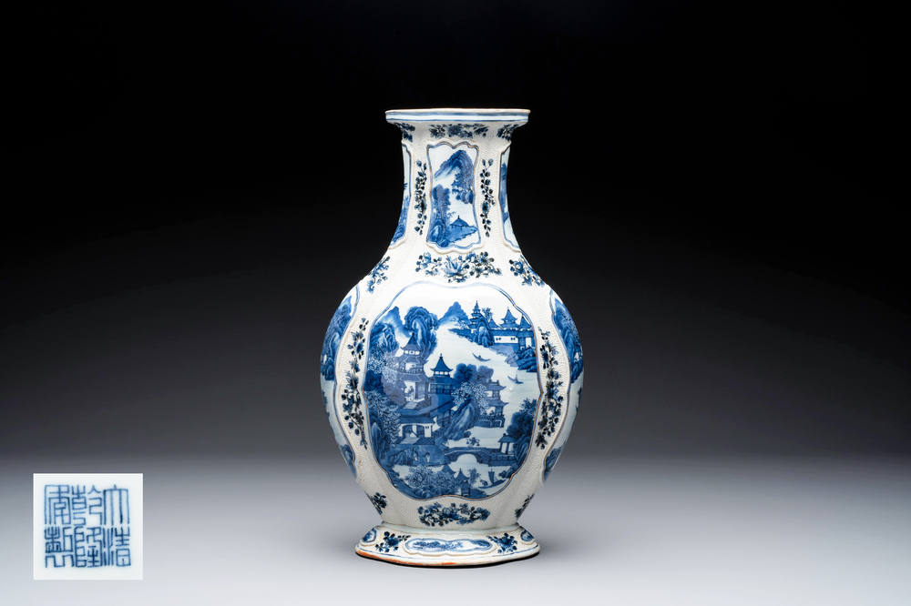 A Chinese blue and white vase depicting the Pearl River and the Whampoa Pagoda, Qianlong mark and of the period