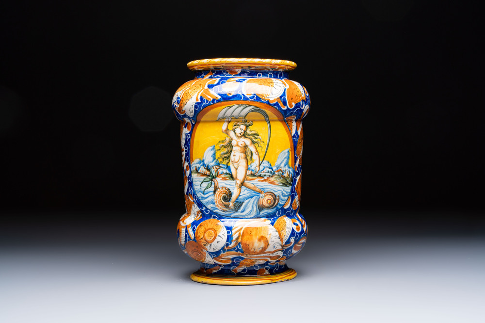 A large polychrome Italian maiolica 'Fortuna' albarello, Casteldurante or Pesaro, ca. 1580