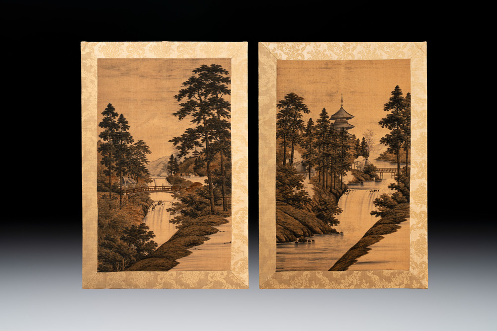 Two Japanese embroidered silk panels with landscapes, Meiji, 19th C.