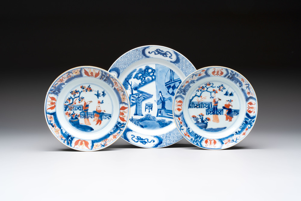 A Chinese blue and white dish and two Imari-style plates with figural design, Chenghua mark, Kangxi/Yongzheng