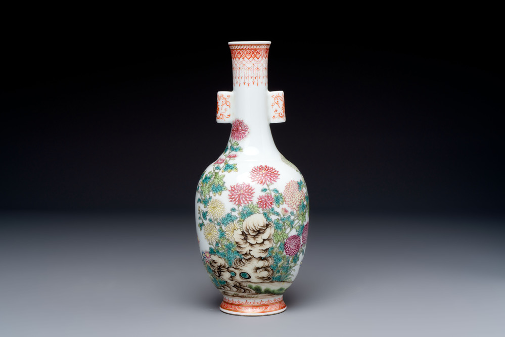 A Chinese famille rose &lsquo;Chrysanthemums&rsquo; arrow vase, Yongzheng mark, 20th C.
