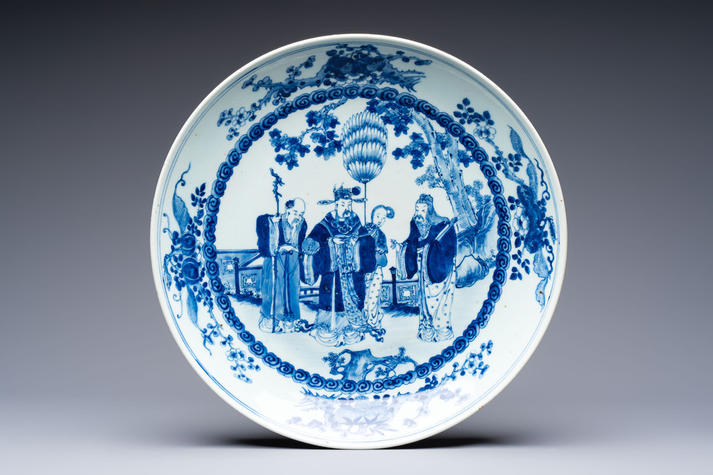 A Chinese blue and white 'Sanxing' dish for the Vietnamese market, Kangxi mark, 19th C.