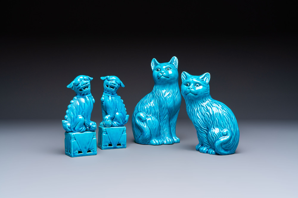 A pair of Chinese turquoise-glazed cats and a pair of Buddhist lions, 20th C.
