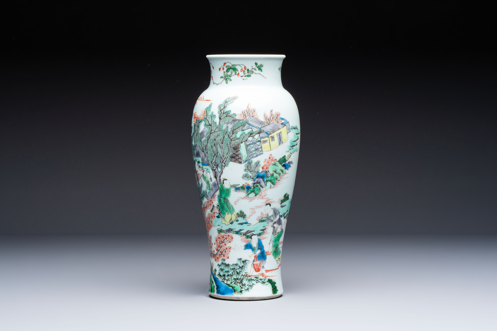 A Chinese famille verte 'Guanyin Zun' vase with narrative design, 19/20th C.