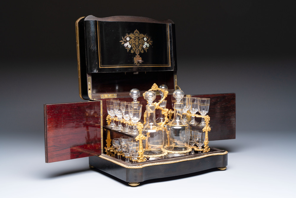 A liqueur cabinet or cave &agrave; liqueur with Boulle and mother-of-pearl inlay, 19th C.