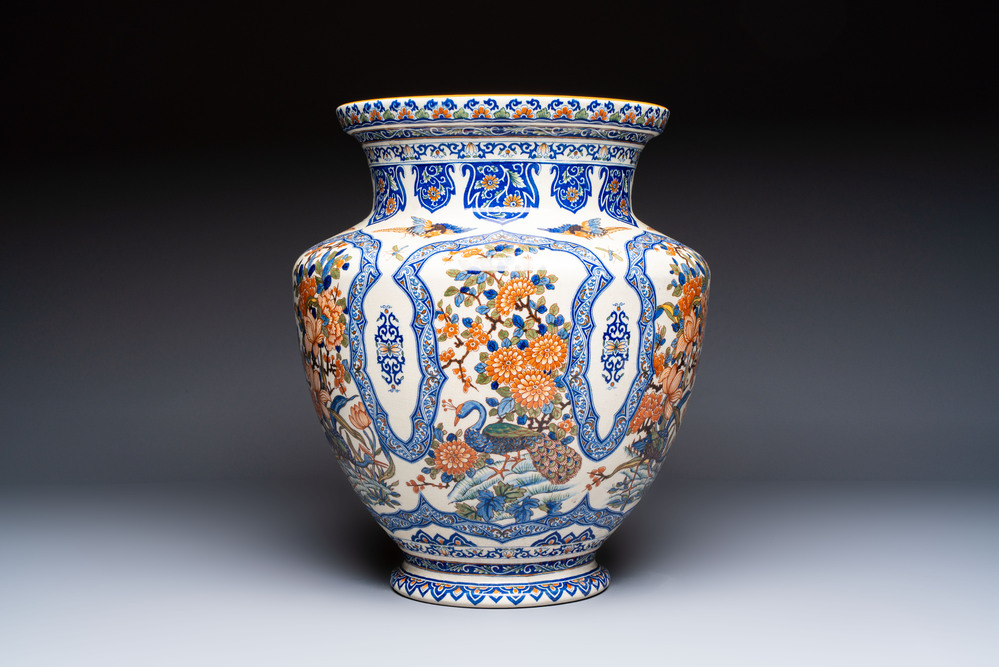 A large polychrome Gien faience 'Birds among Flowering Branches' vase, marked, France, 19/20th C.