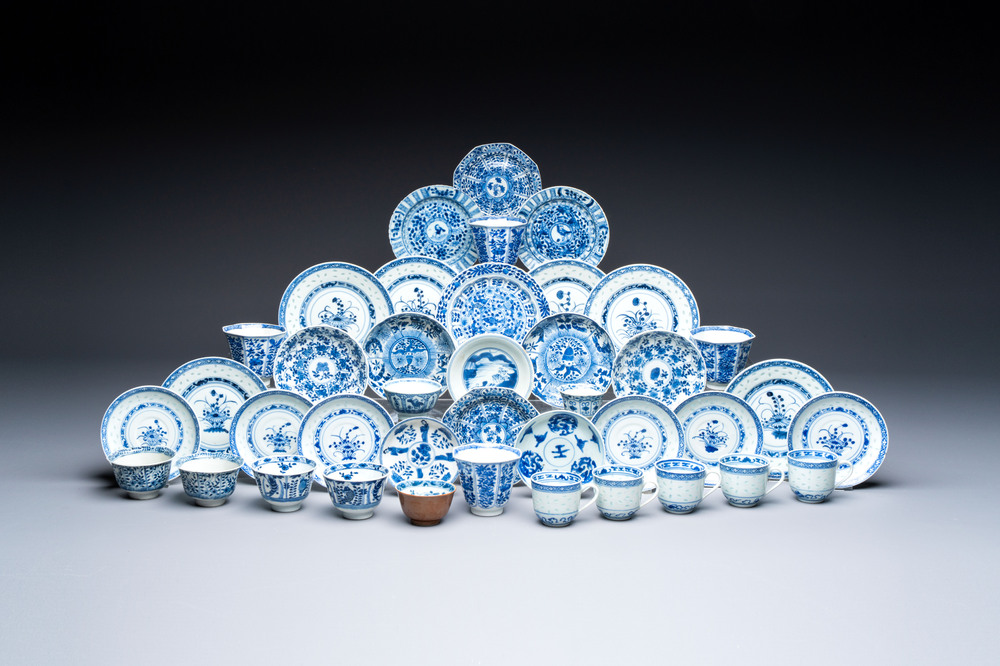 16 Chinese blue and white cups and 24 saucers, various marks, Kangxi and later
